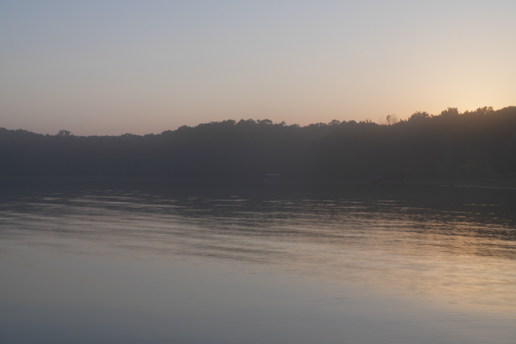 Evening light settles over the water and treeline